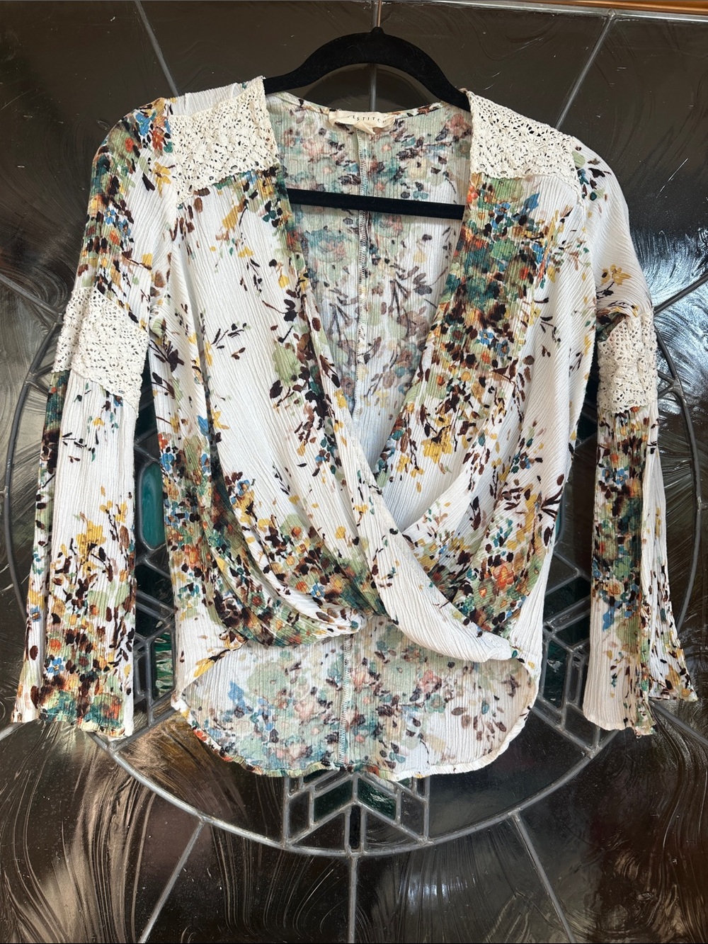 Floral Wrap-Front Women's Top in Ivory and Autumn Multi